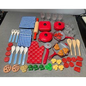 Kids Play Kitchen Set with Blue/White Gingham Accessories & Red Cookware